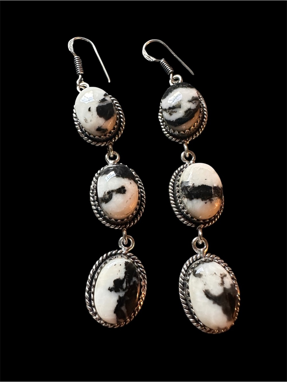 White Buffalo and Black Stone  silver Tibetan  dangle earrings